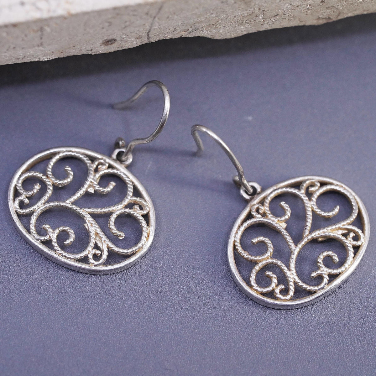Vintage sterling silver handmade earrings, 925 filigree oval dangles