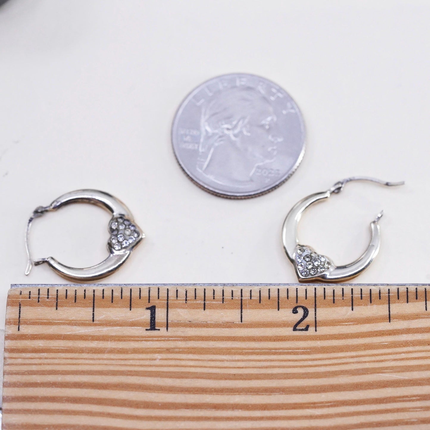 0.75”, Vintage sterling silver earrings, 925 heart huggie hoops with cz