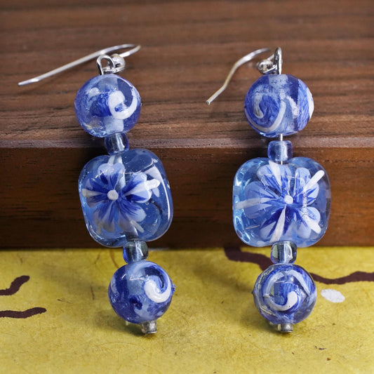 Vintage sterling 925 silver handmade earrings with blue floral glass bead
