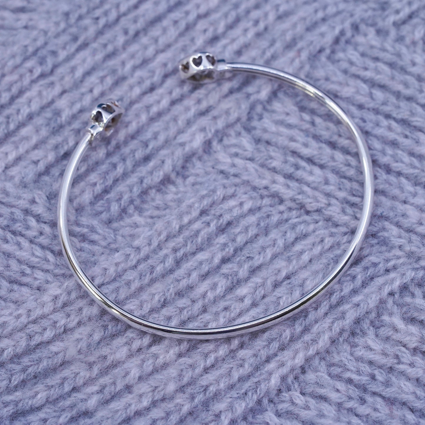 6.75”, vintage Sterling 925 silver stackable cuff bracelet with heart cz ends