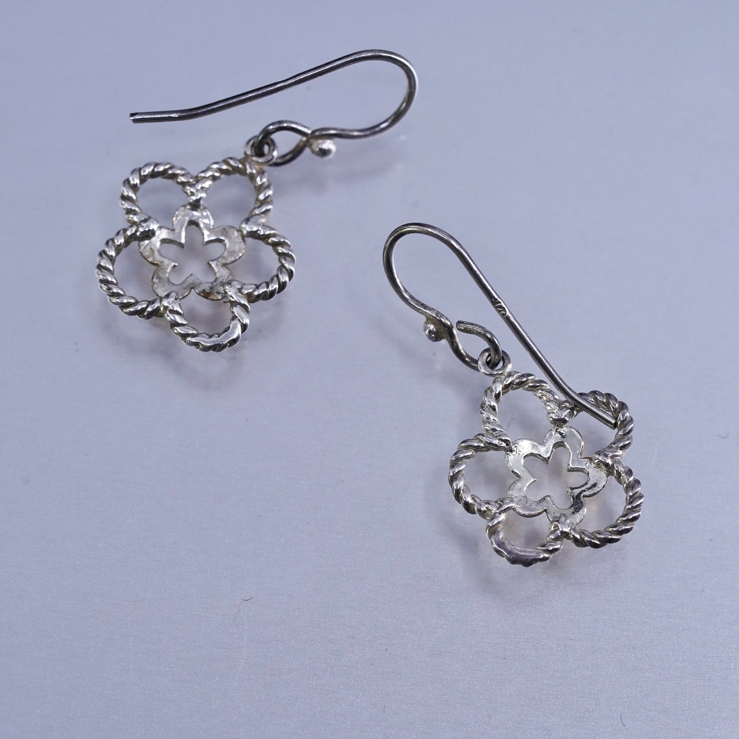 Vintage two tone Sterling 925 silver handmade earrings, flower dangles