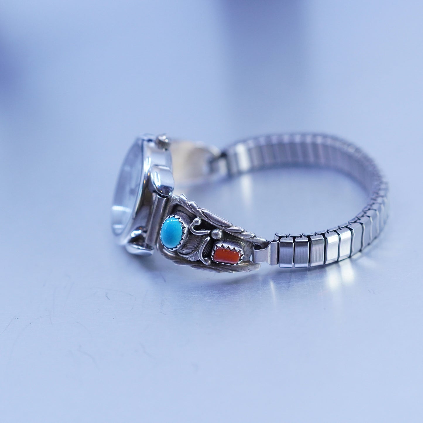 6”, Navajo Richard Begay Quartz Watch Sterling 925 silver turquoise coral Face