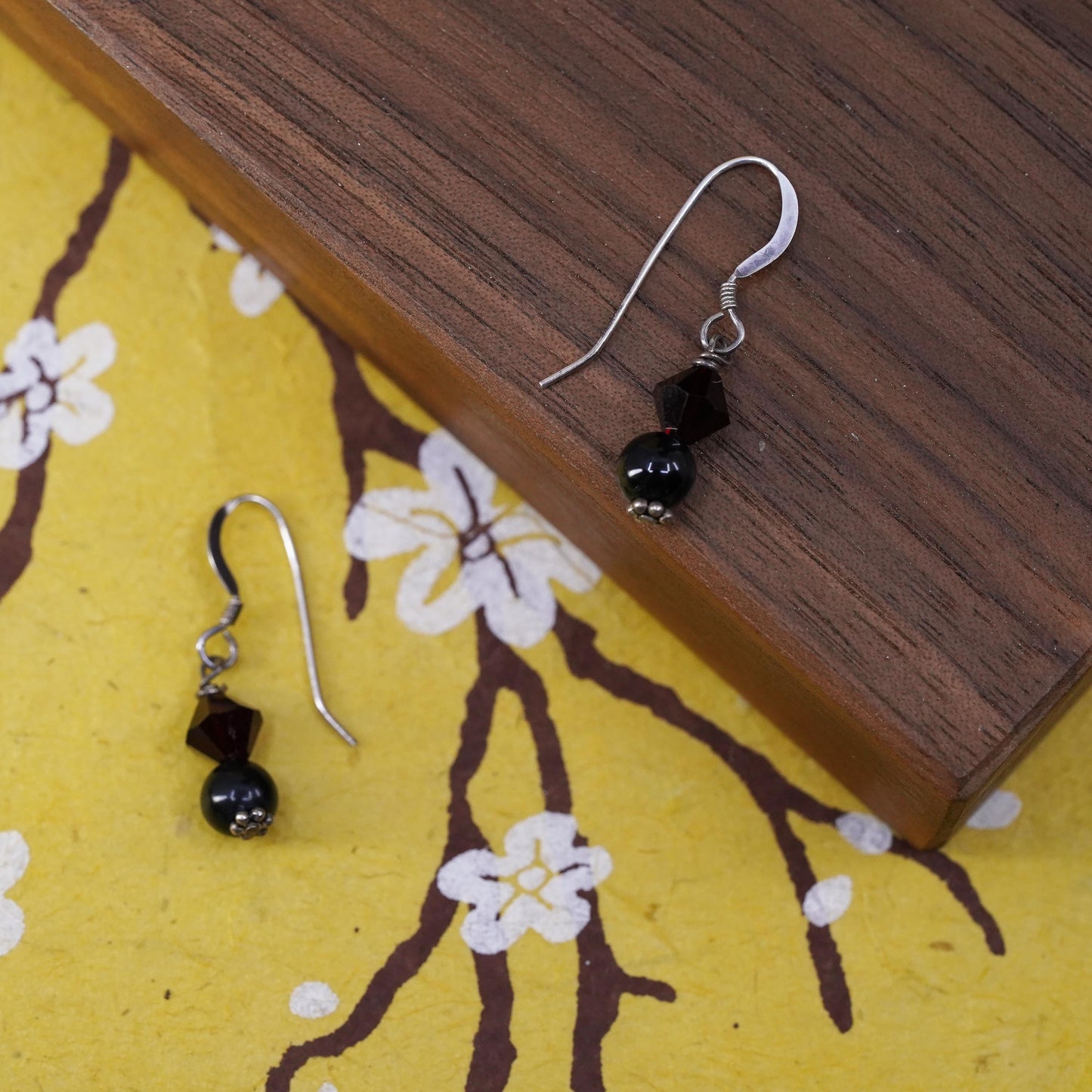 Vintage Sterling silver handmade earrings, 925 disc with garnet beads