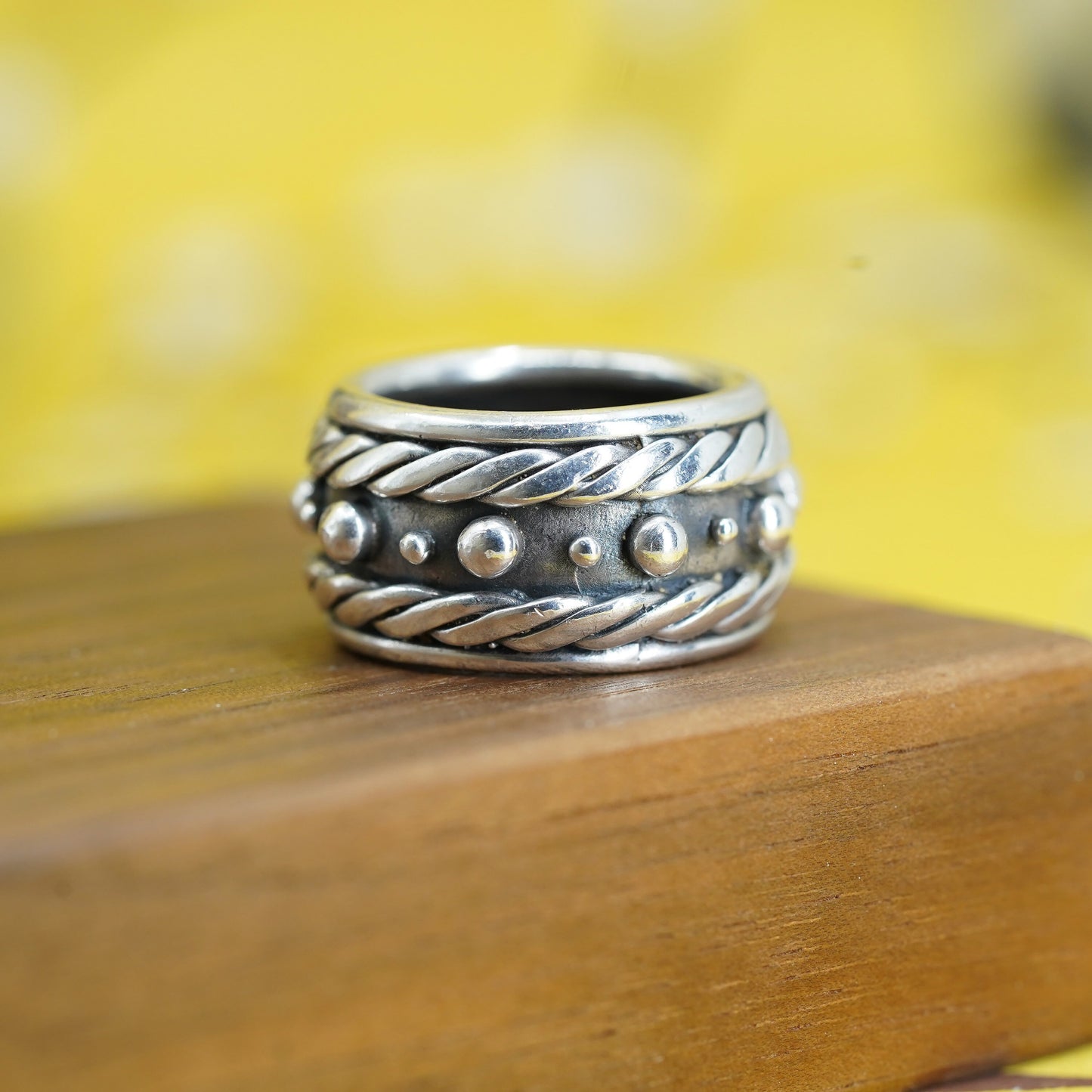 size 6.75, vintage Sterling silver handmade ring, 925 wide band with beads