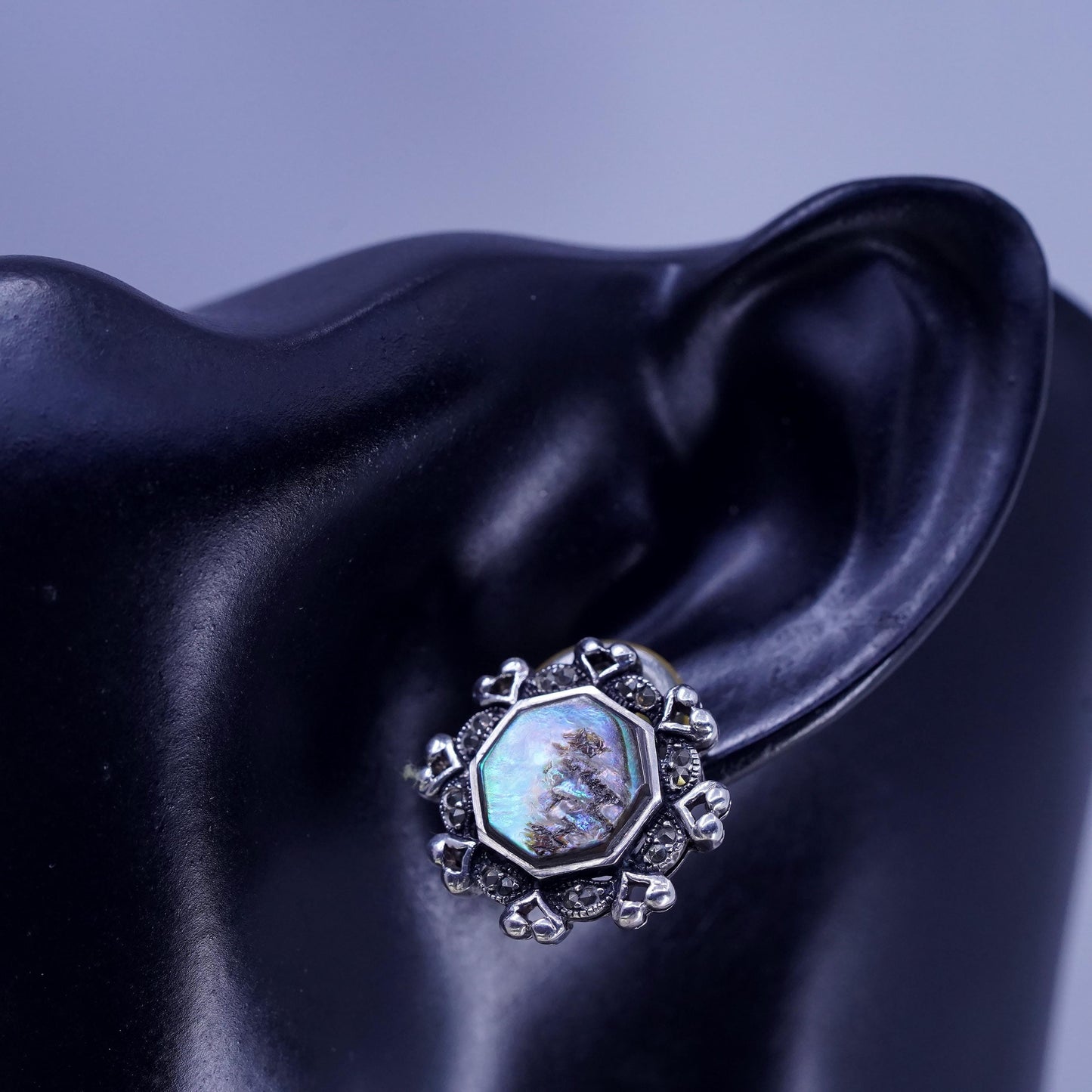 Vintage Thailand Sterling 925 silver Hexagram studs earrings with abalone inlay
