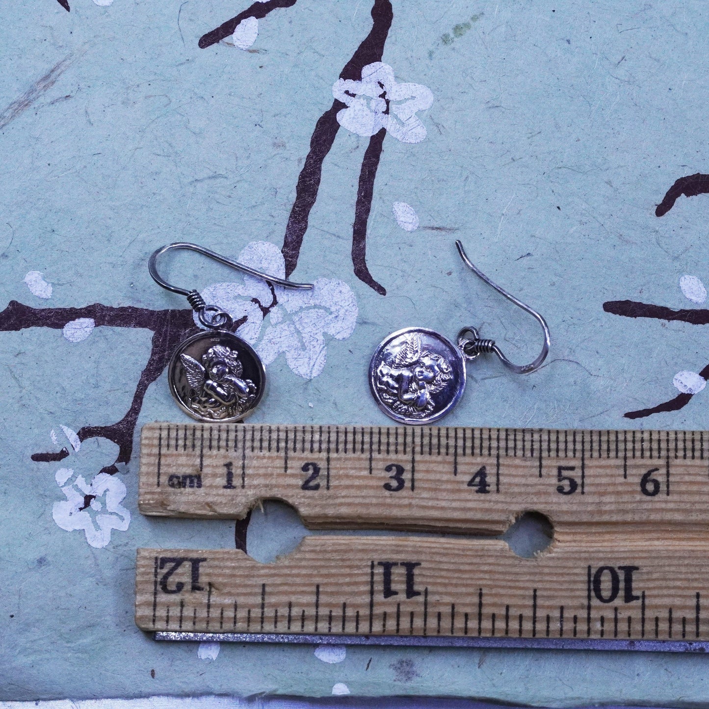 Vintage Sterling silver handmade earrings, 925 silver wired angel tag dangler