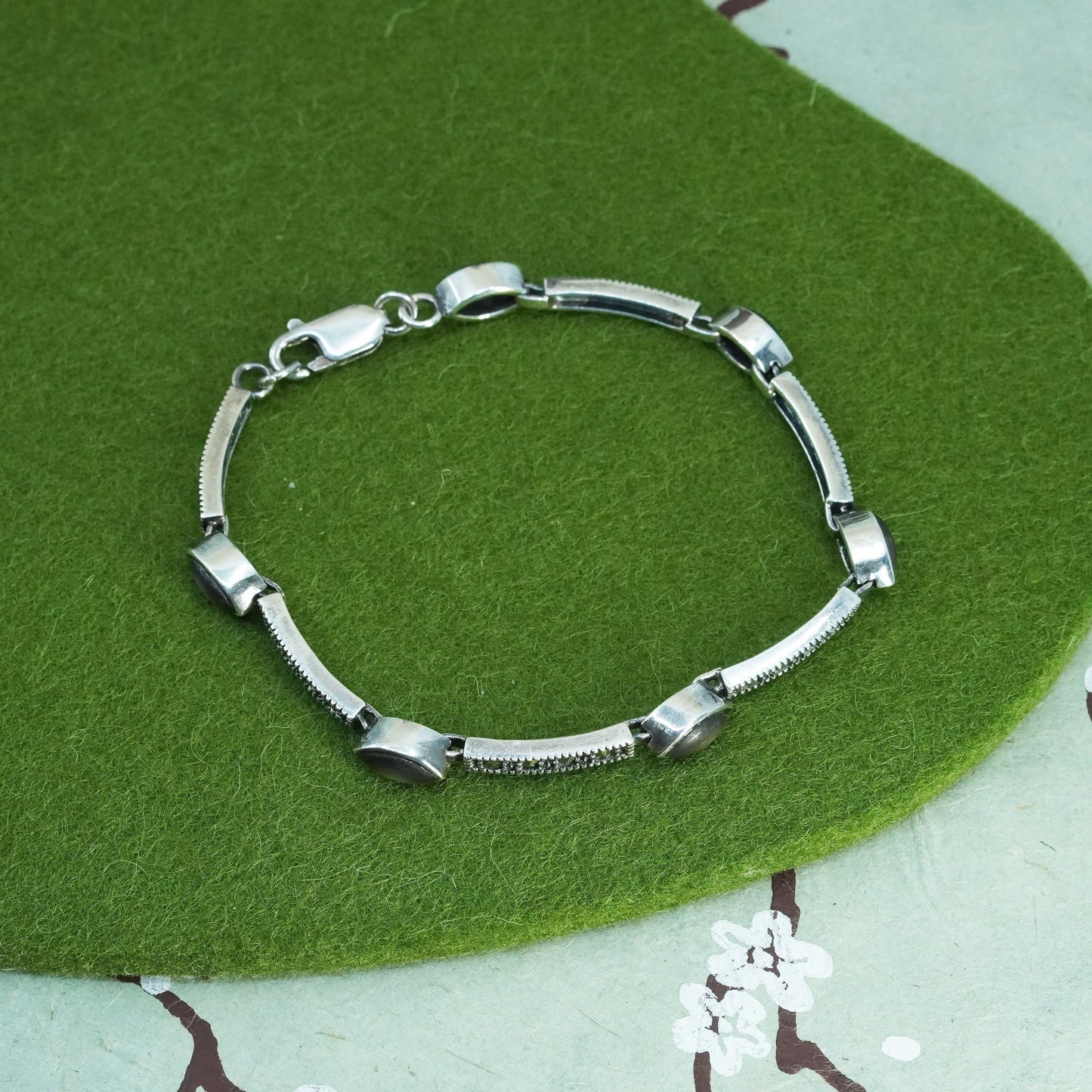 7.5”, sterling 925 silver handmade tennis bracelet with abalone and marcasite