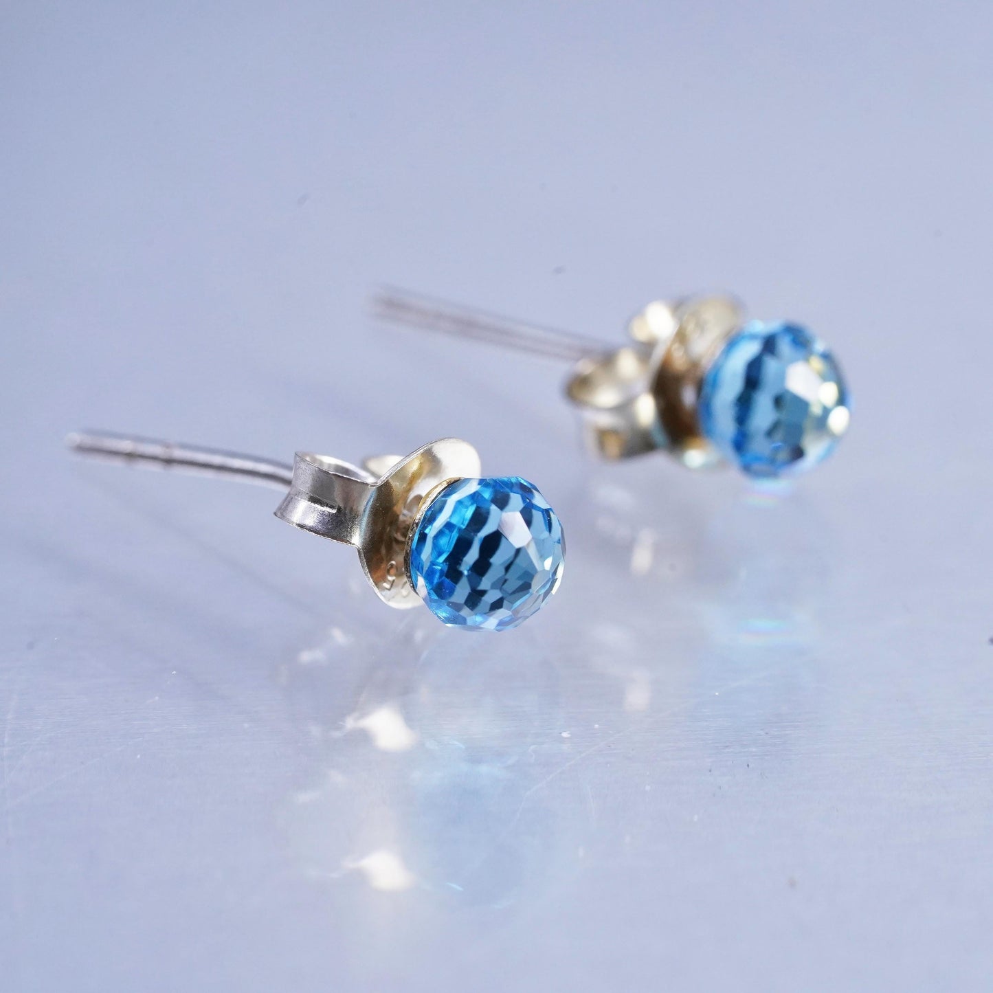4mm, Vintage Sterling 925 silver handmade earrings, blue crystal studs
