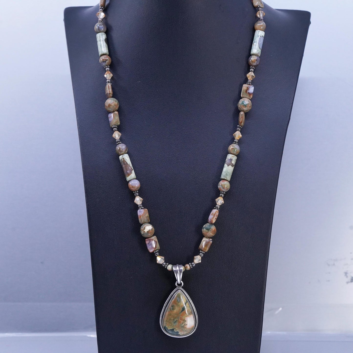 22” Sterling 925 Silver rainforest jasper beads necklace with teardrop pendant