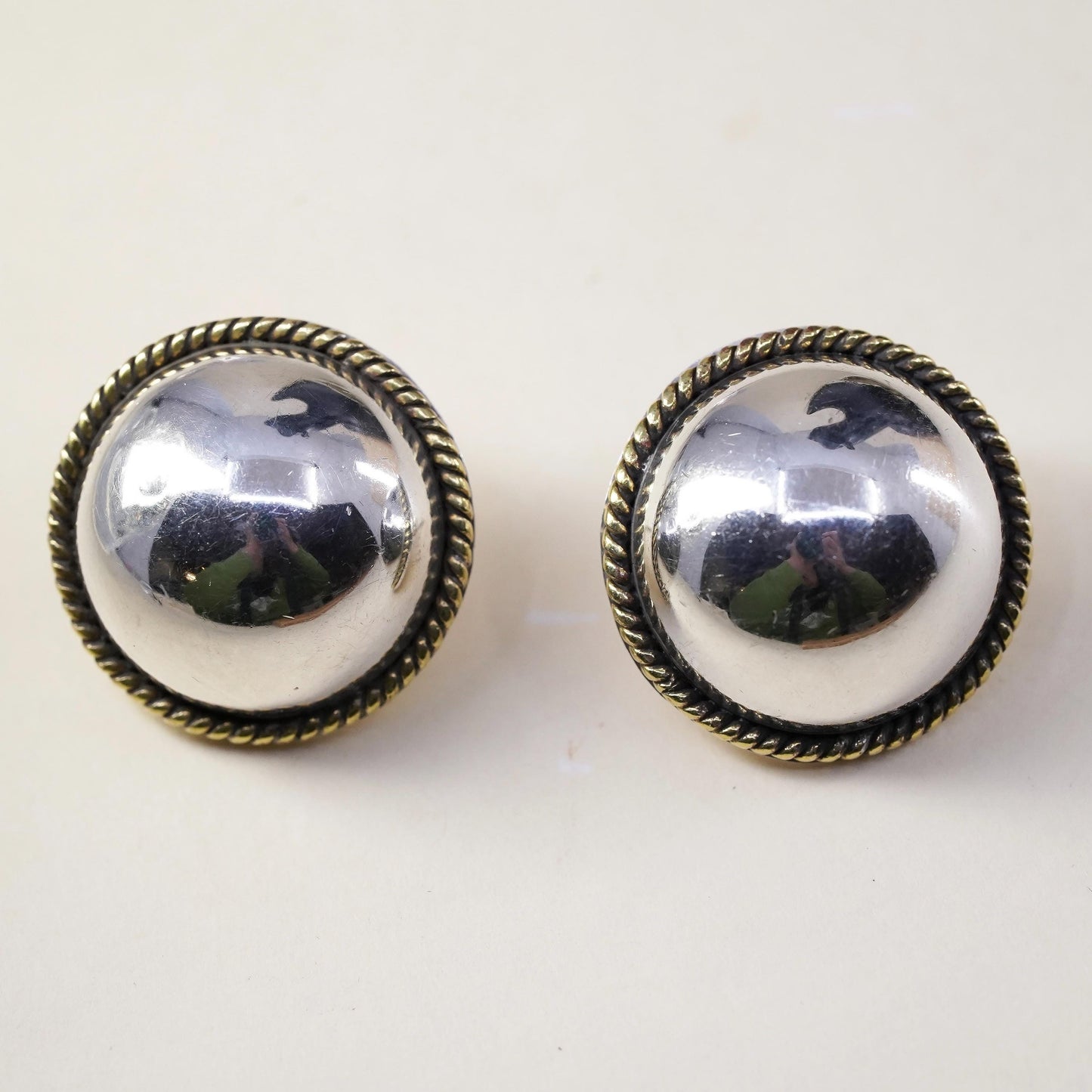 Vintage two tone Sterling silver earrings, Mexican 925 silver huge round studs