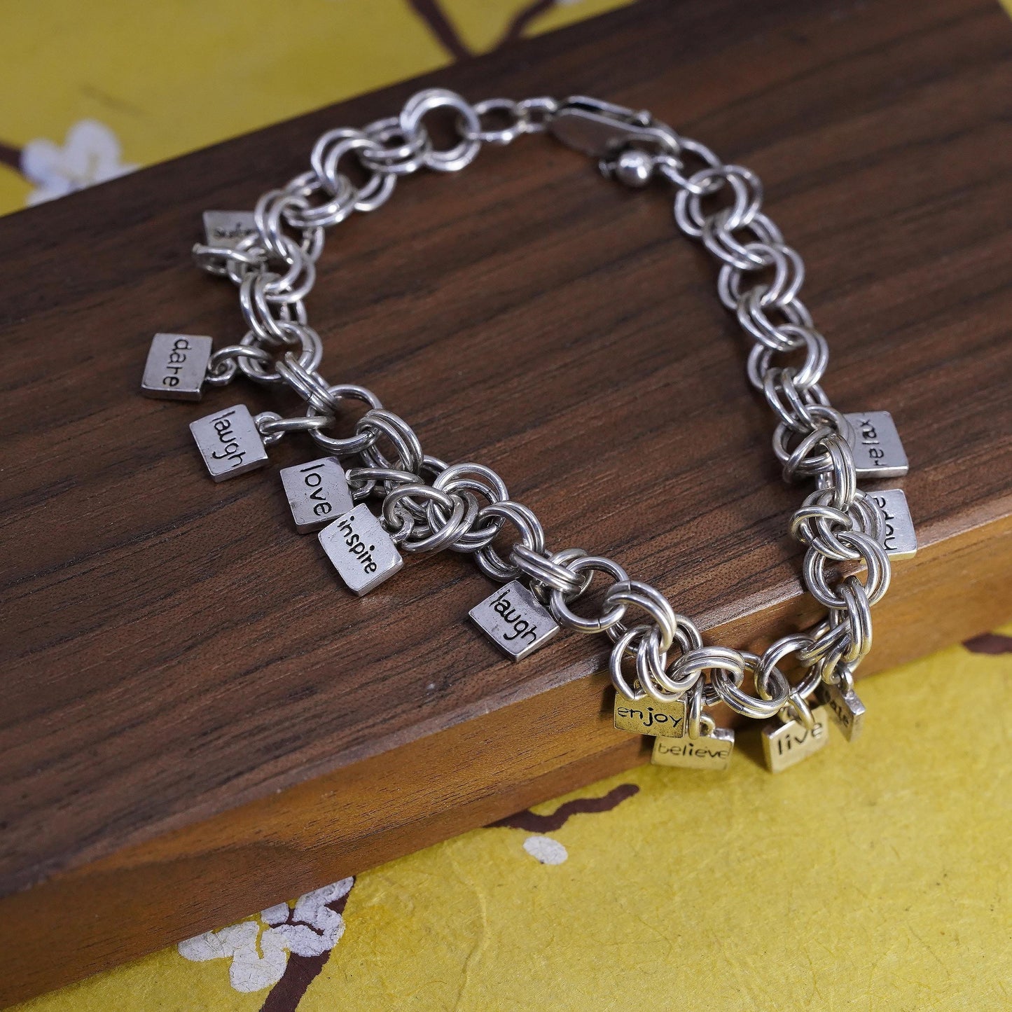 7.25" 925 Sterling Silver Charm Bracelet, Believe Live Laugh Love Quote Chain