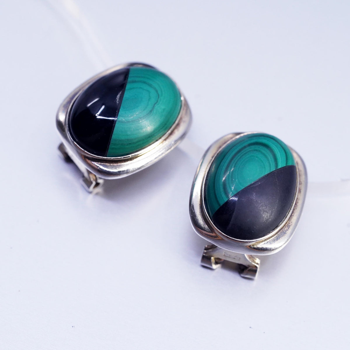 Vintage Sterling 925 silver handmade earrings, clip on w/ black onyx malachite