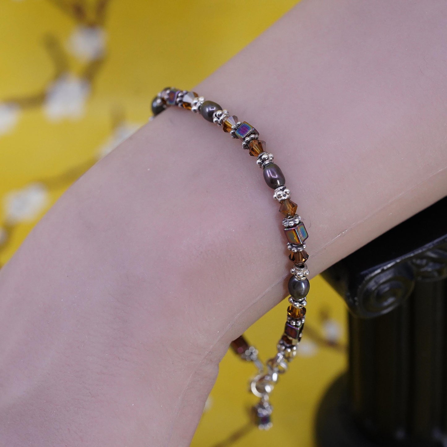 7+1”, vintage Sterling silver garnet citrine beads bracelet with black pearl