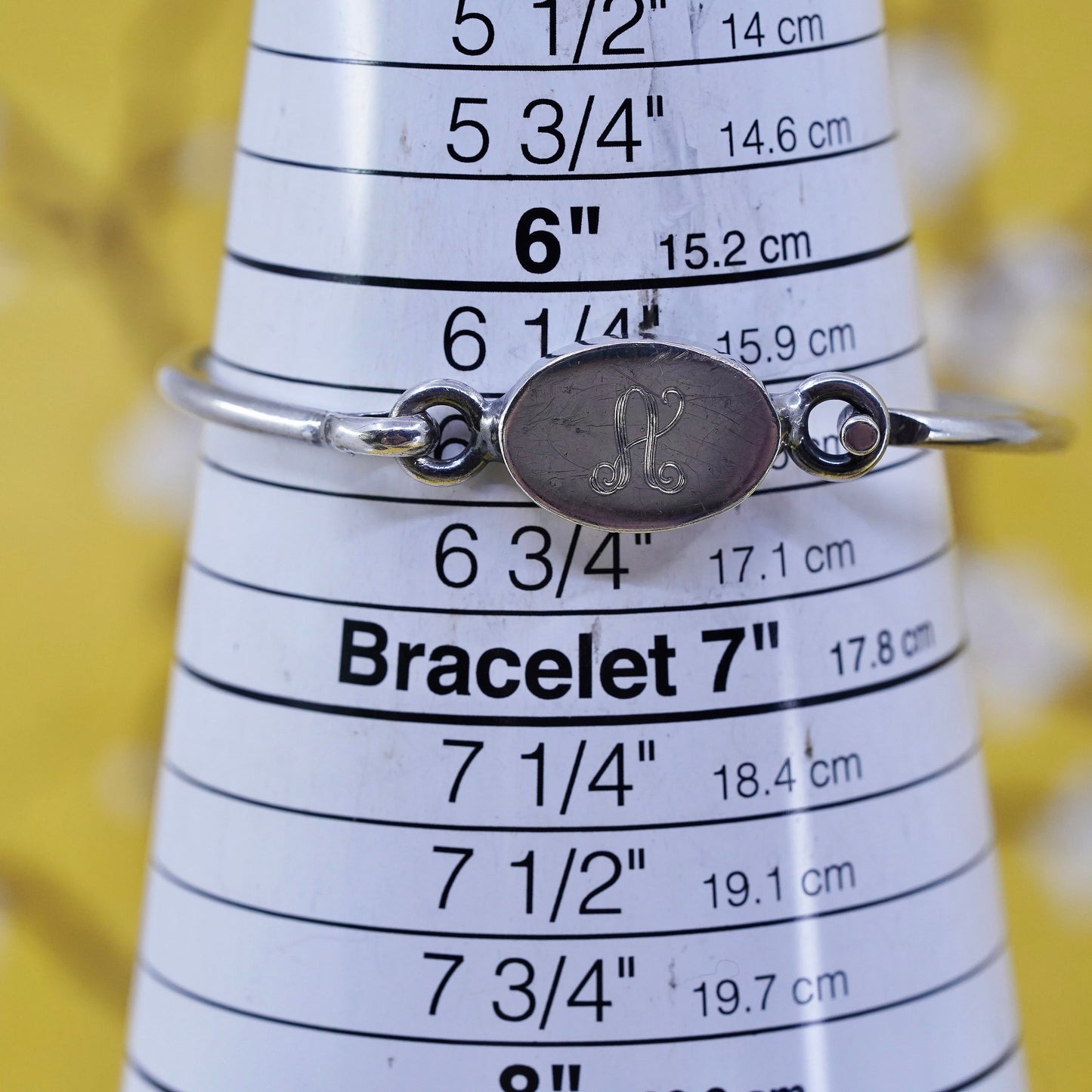 6.5”, sterling silver bracelet, 925 bangle with name tag monogram letter “A”
