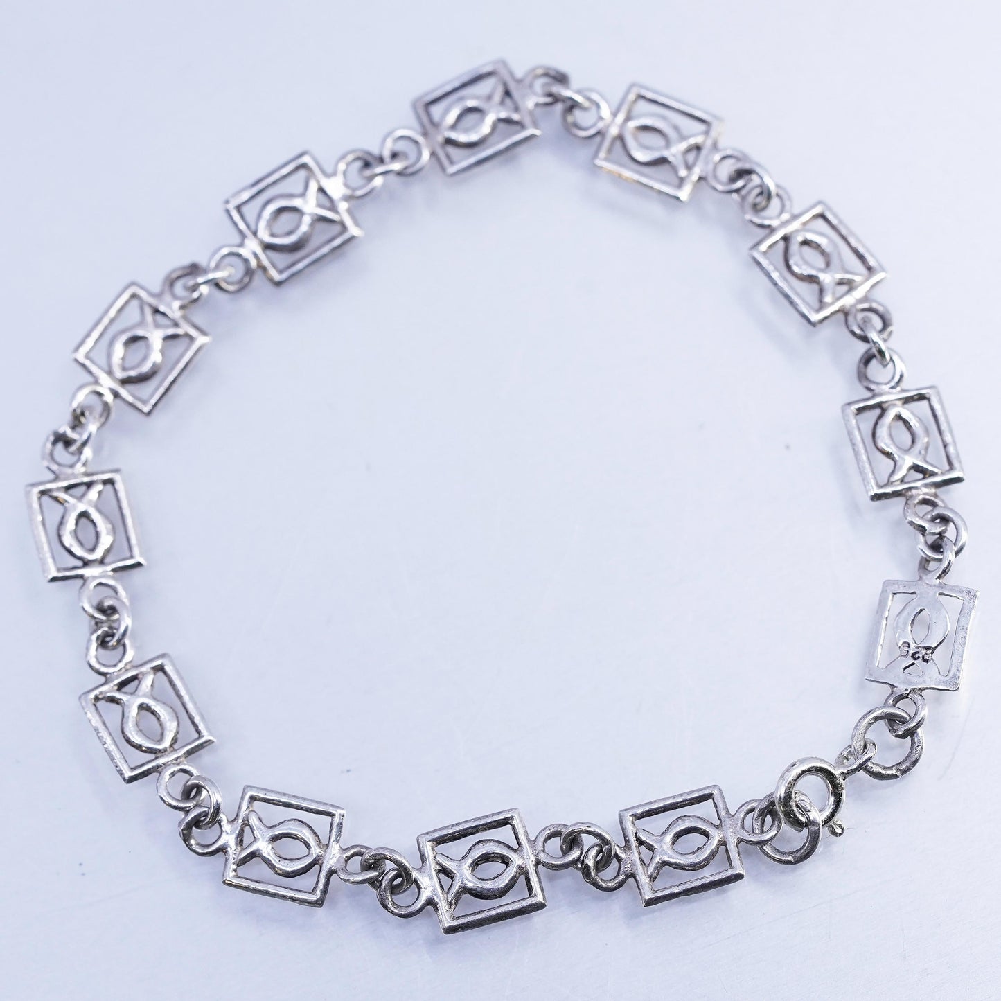 7", Vintage Sterling Silver Handmade Bracelet, 925 fish symbol link chain