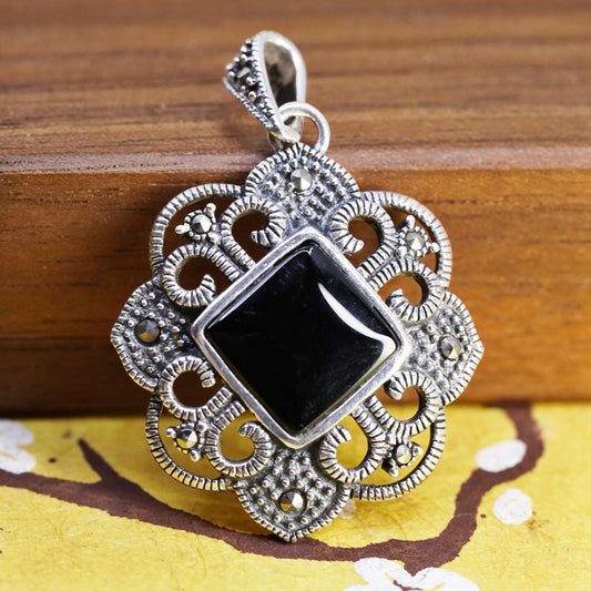 Vintage Sterling 925 silver filigree charm pendant with obsidian and marcasite