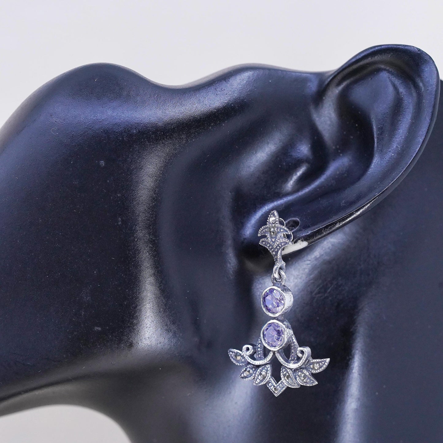 Art Deco 925 sterling silver earrings teardrop amethyst and cluster marcasite
