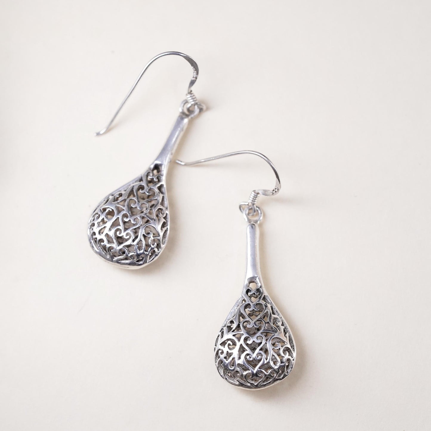Vintage sterling silver handmade earrings, 925 filigree teardrops