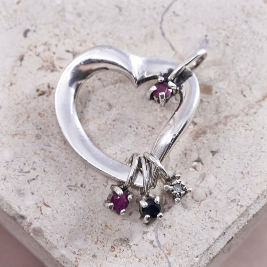 Lenox Sterling Silver Sliding ruby diamond Charm Pendant Heart Multi Birthstone