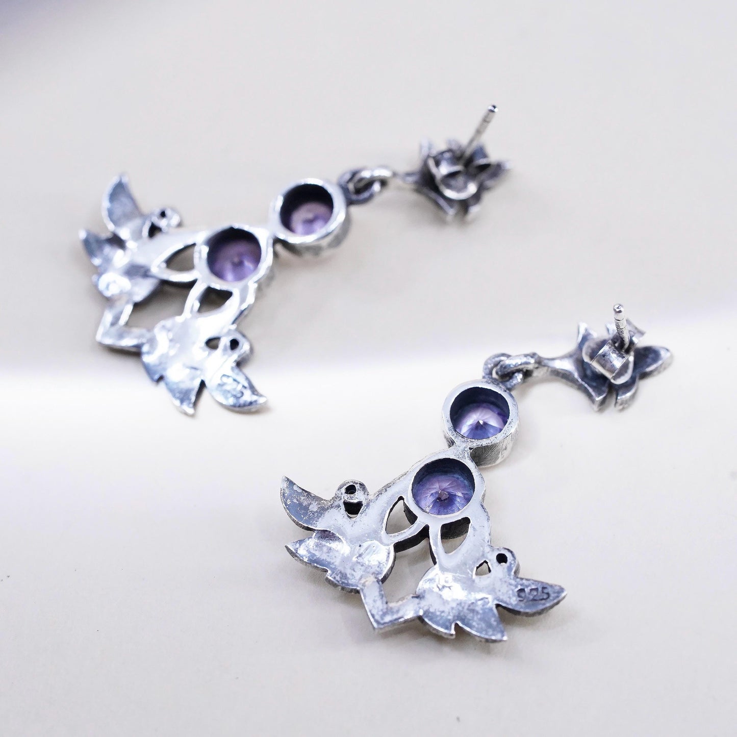 Art Deco 925 sterling silver earrings teardrop amethyst and cluster marcasite