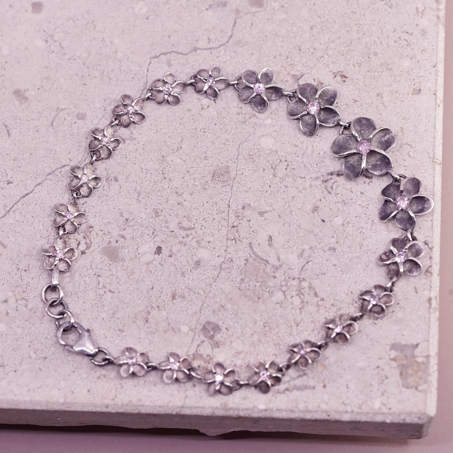 7.25", Sterling silver bracelet, solid 925 plumeria flower pink cz