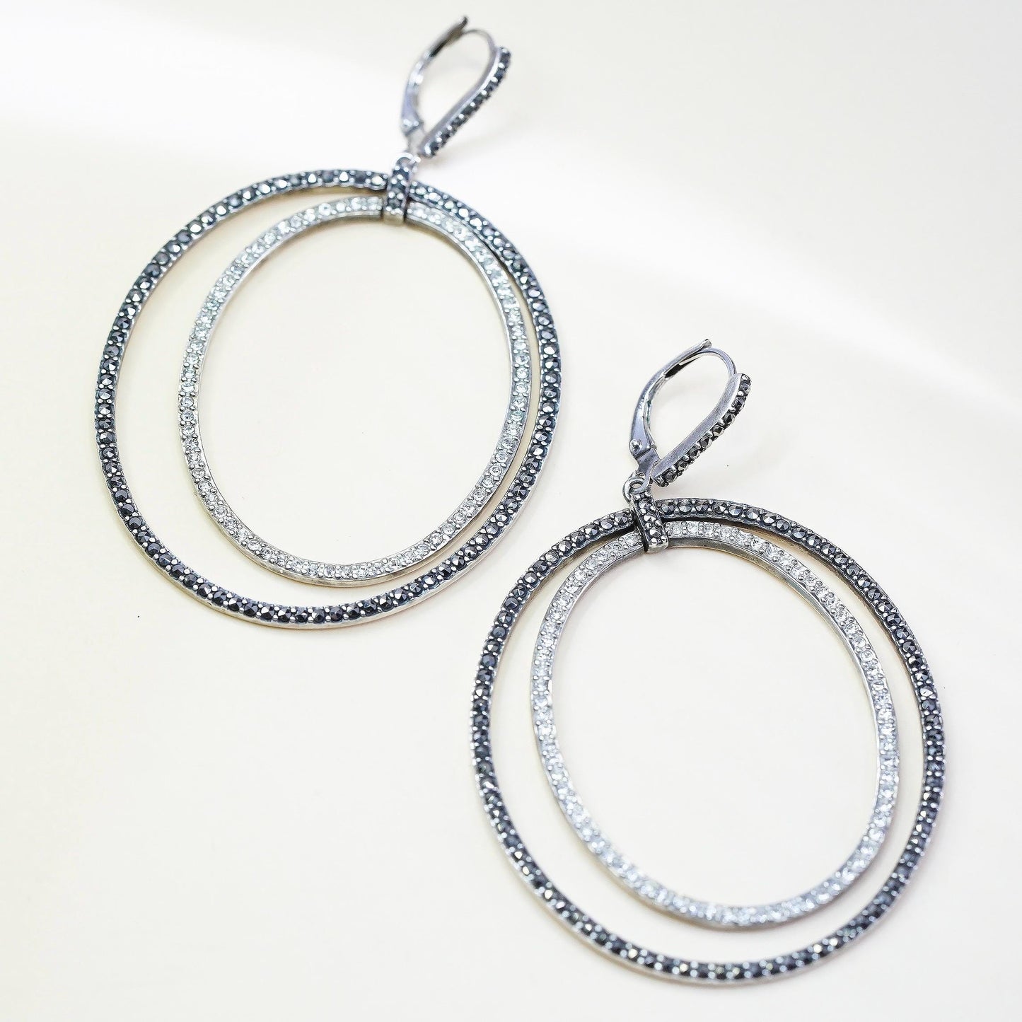 VTG Judith Jack 925 Sterling Silver Double Oval Hoops, Marcasite CZ Earrings