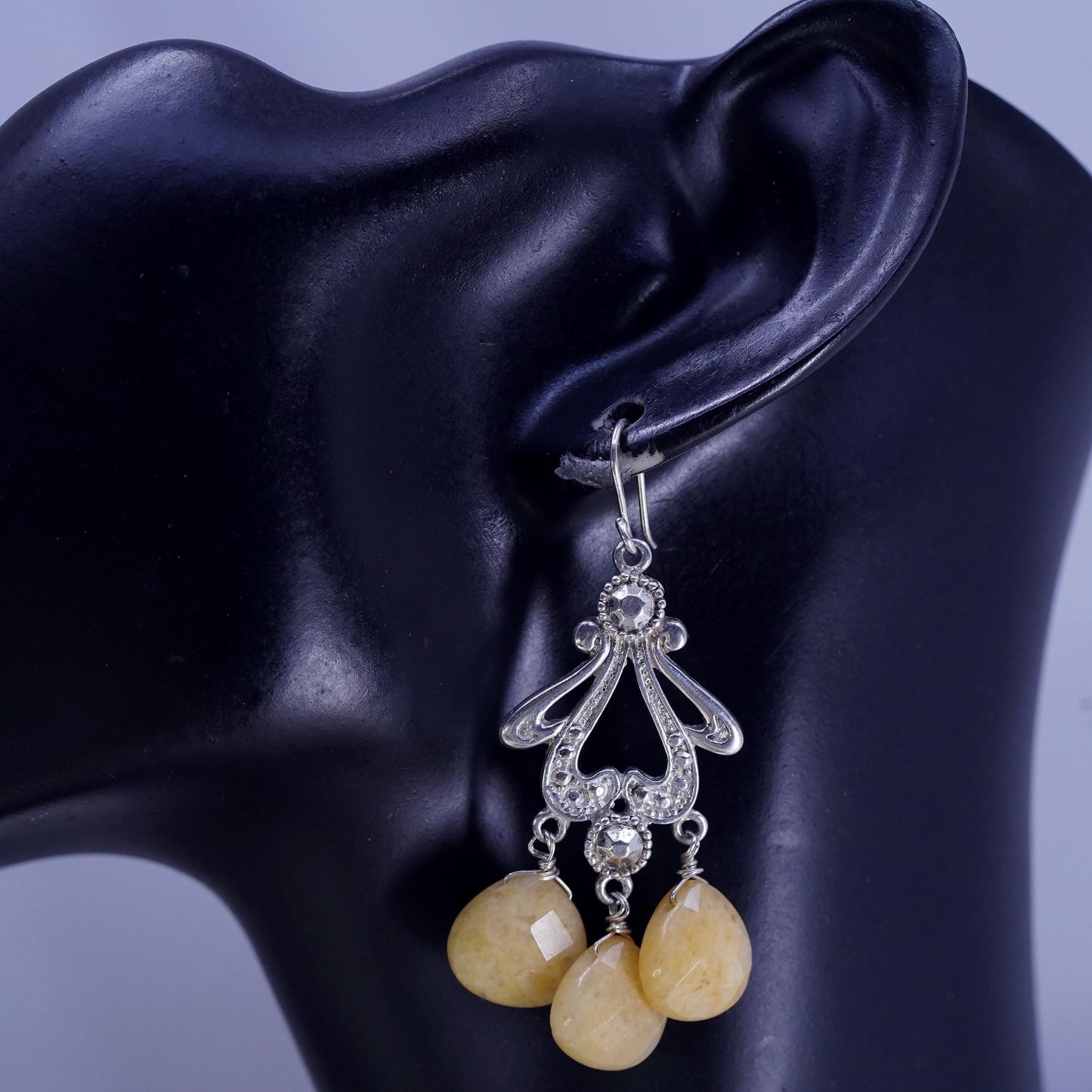 Vintage Sterling 925 silver handmade filigree earrings with teardrop citrine