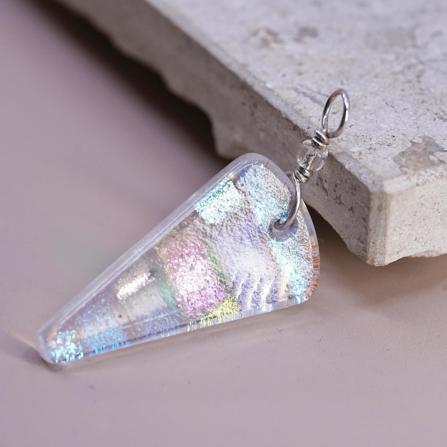 VTG sterling silver Pendant, 925 healing hand charm triangular artisan glass