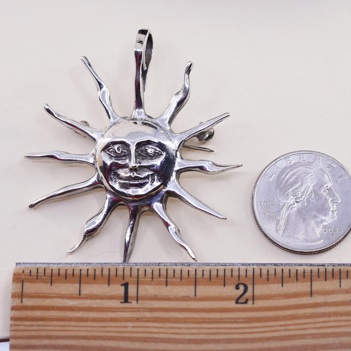 Vintage Mexican Sterling silver handmade sun face pendant, 925 brooch