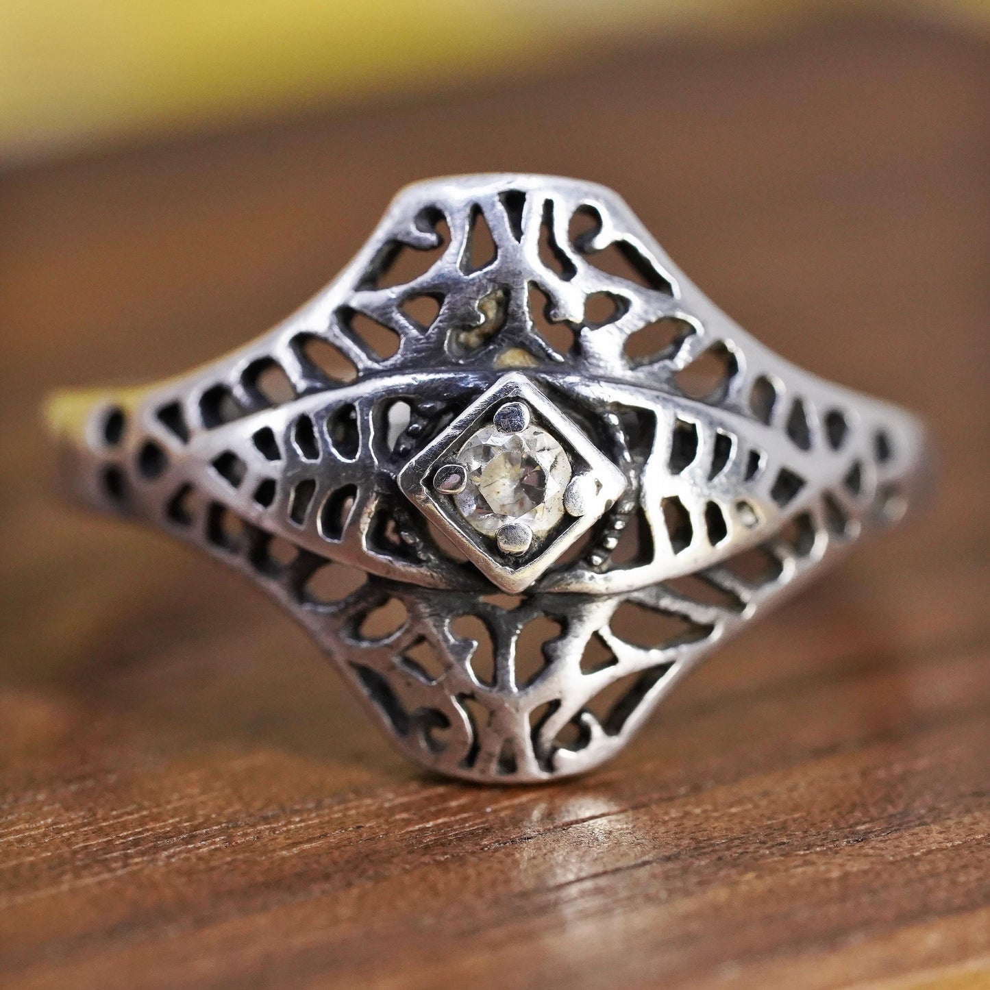 Size 11, vintage Sterling silver handmade ring, 925 filigree band with cz