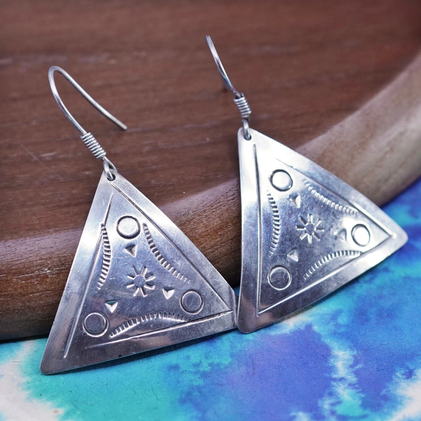 Vintage Sterling 925 silver handmade textured triangular earrings
