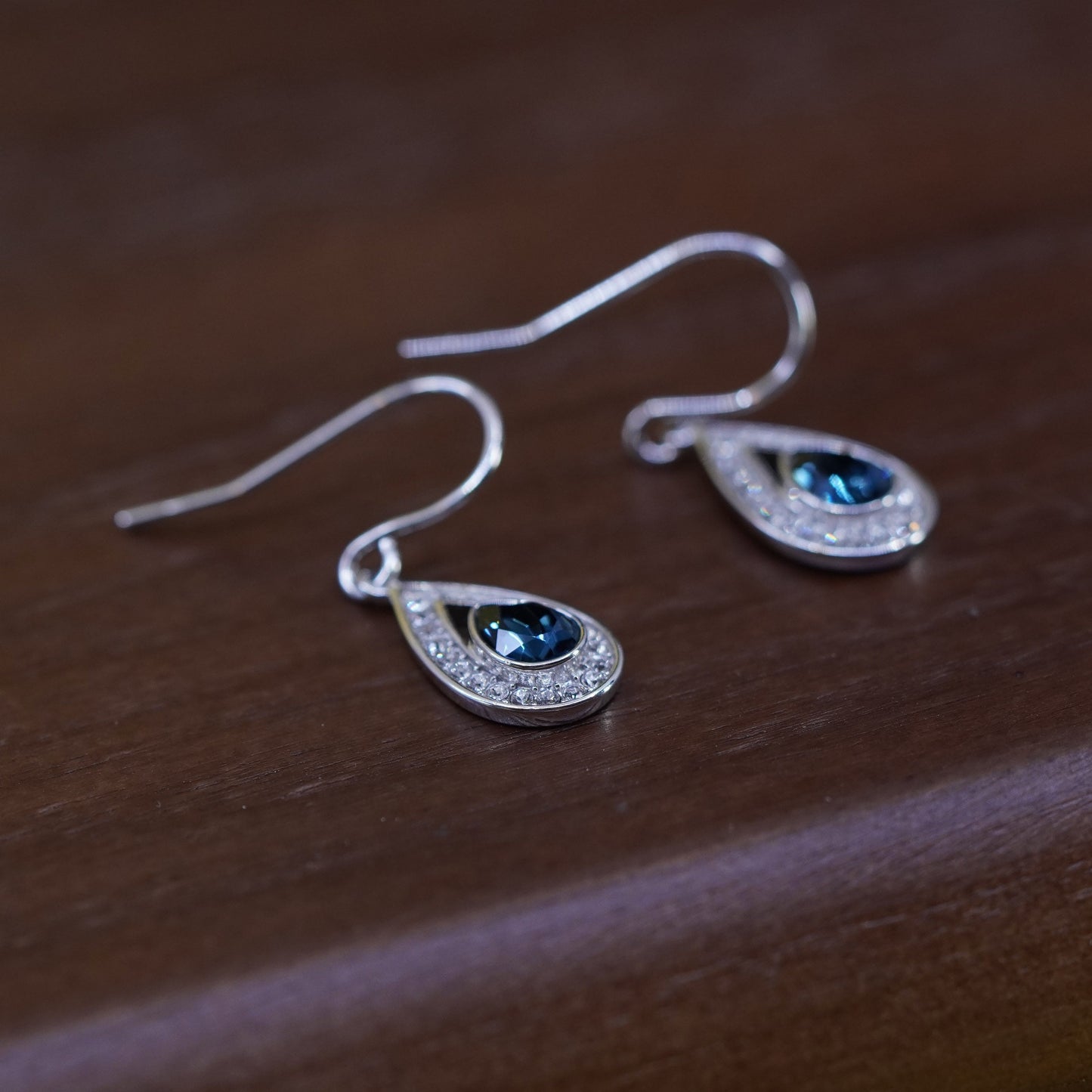 Vintage Sterling silver earrings, 925 teardrops with blue and cluster Cz