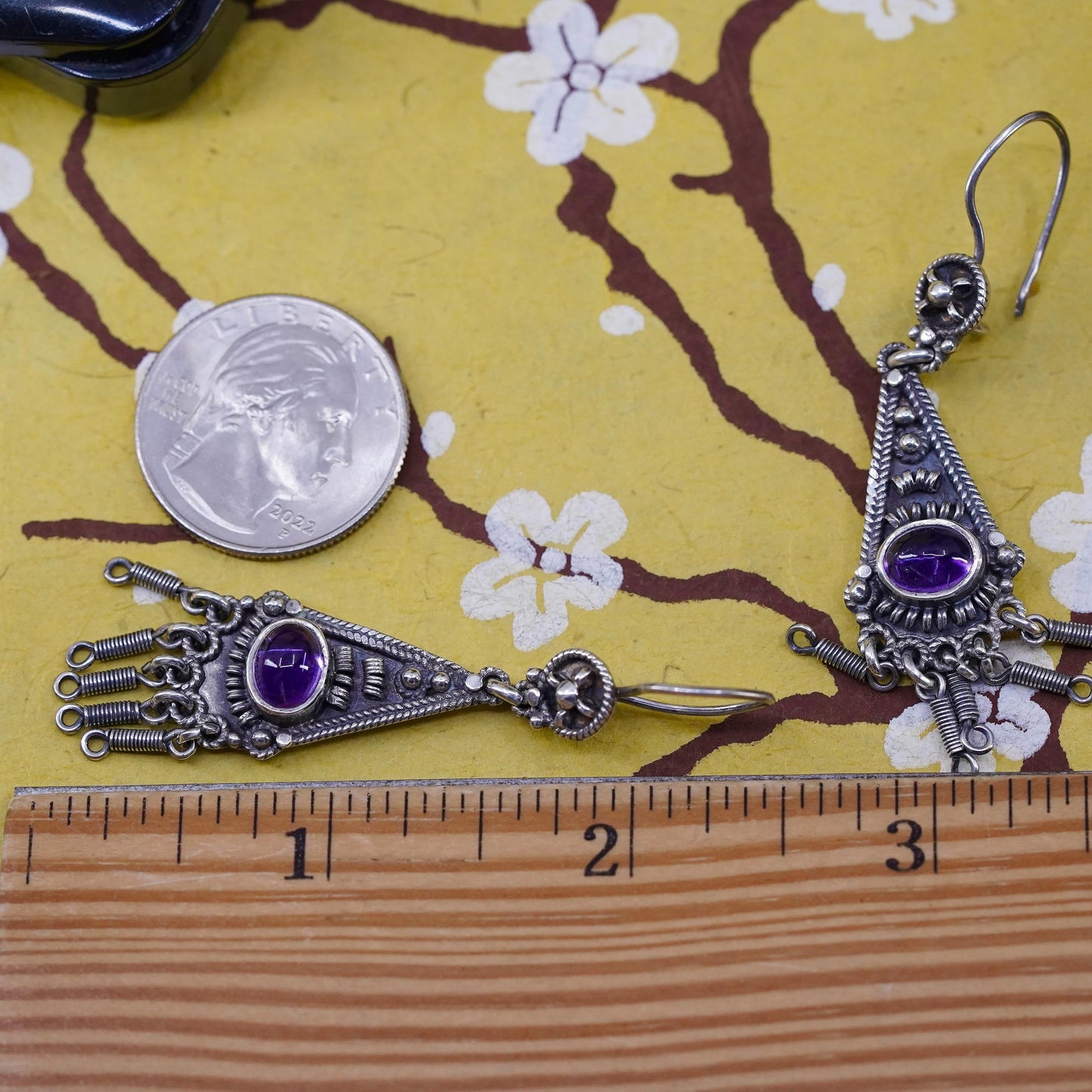 southwestern Sterling 925 Silver wired Earrings amethyst. Ethnic Tribal Jewelry