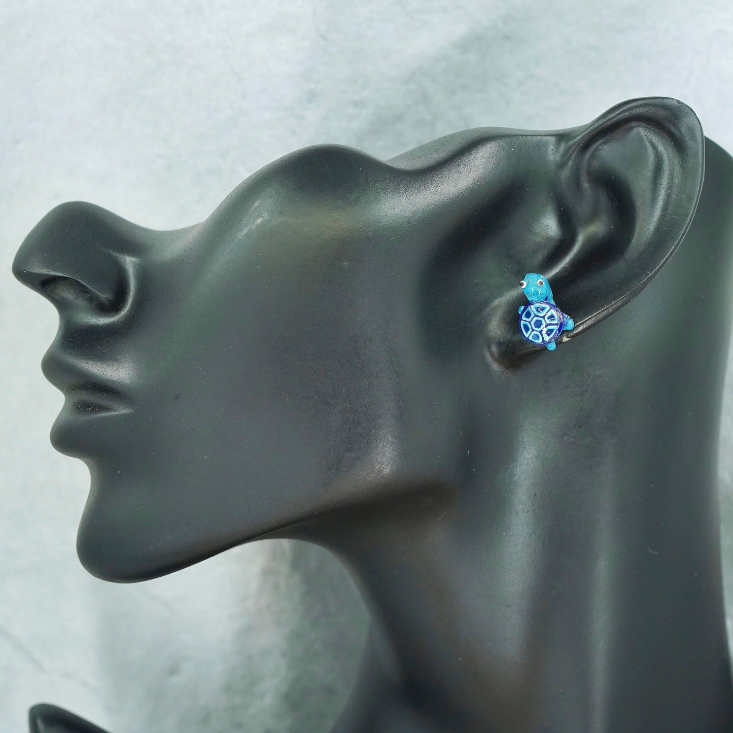 Vintage silver tone earrings, studs with blue turtle inlay
