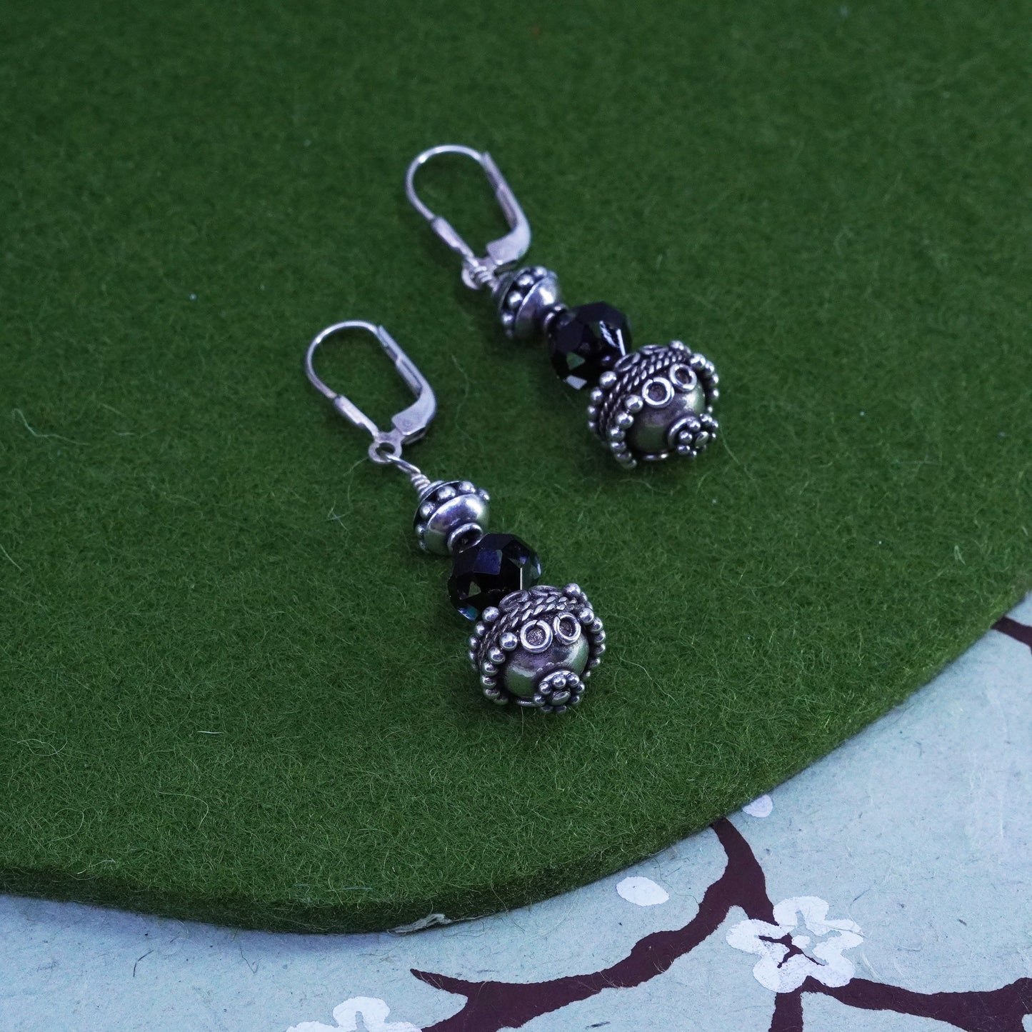 Vintage sterling 925 silver handmade earrings with smoky quartz and beads