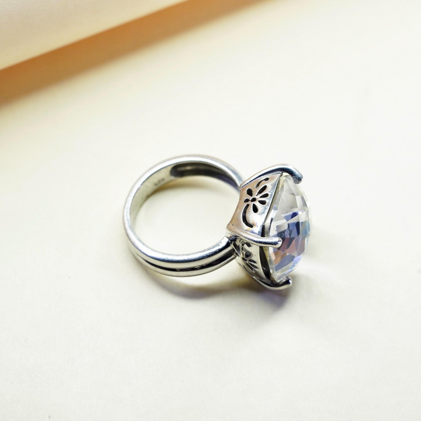 Size 8.25, Vintage Sterling 925 silver statement ring with cushion cut cz