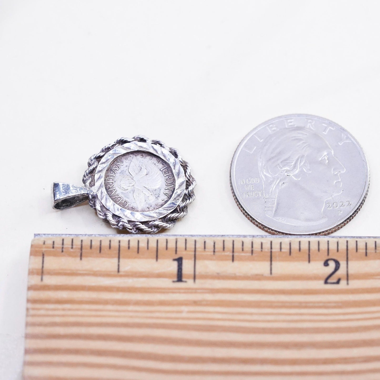 VTG Sterling silver pendant, 999 fine silver guardian angel coin in 925 cable