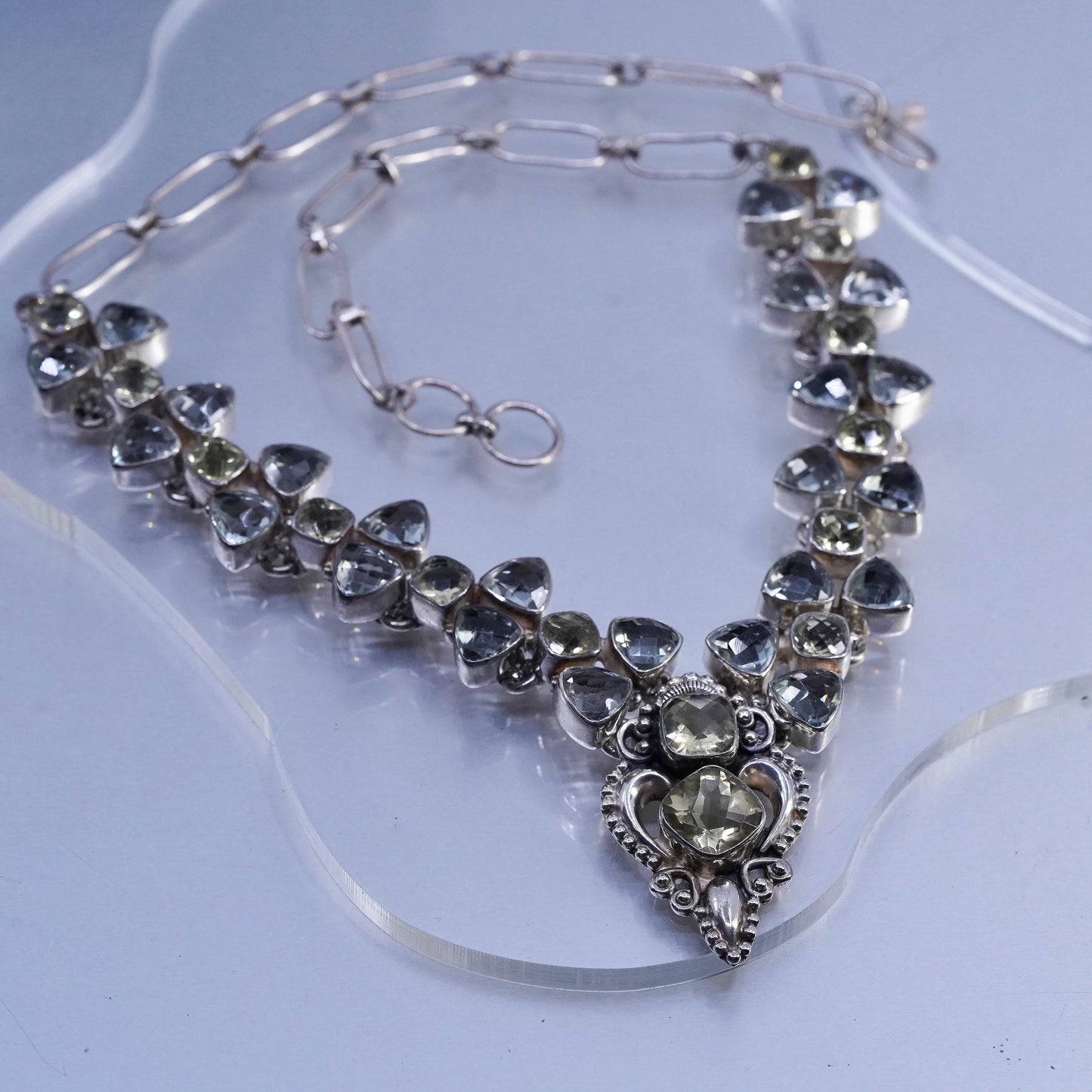 18”, Sterling 925 silver elongated chain necklace Prasiolite amethyst beads