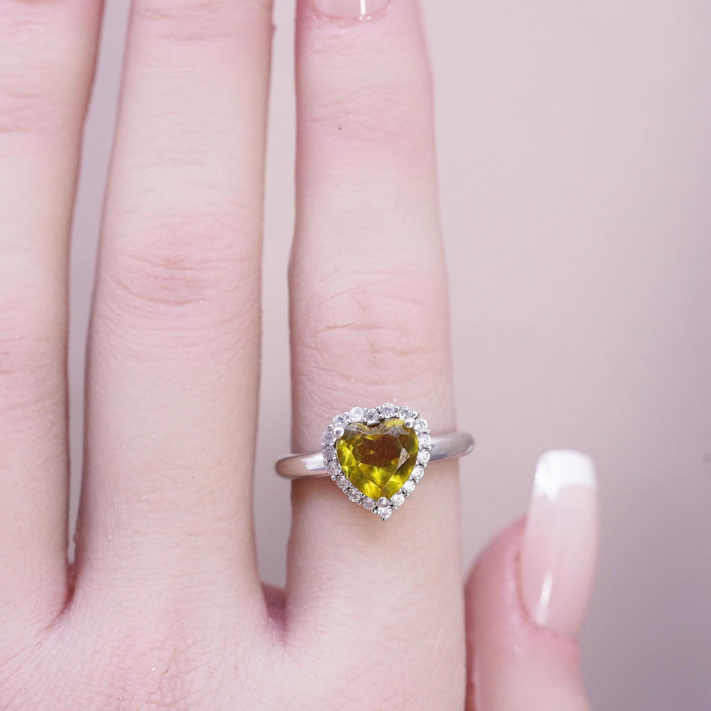 Size 7, VTG 925 Sterling Silver Heart Cut Yellow Citrine Halo Ring, Heart Ring