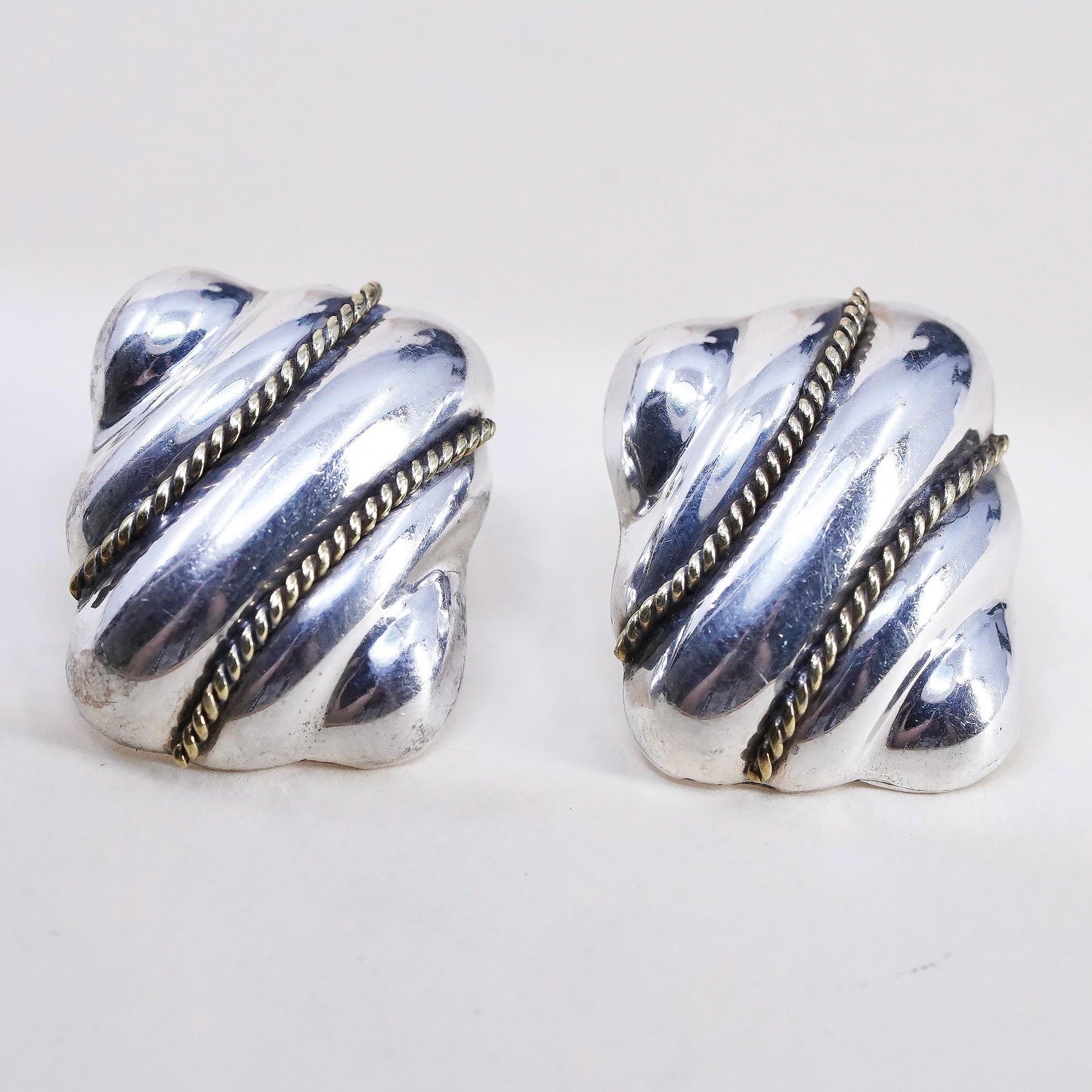 Vintage two tone Sterling silver earrings, Mexican 925 silver huge dome studs
