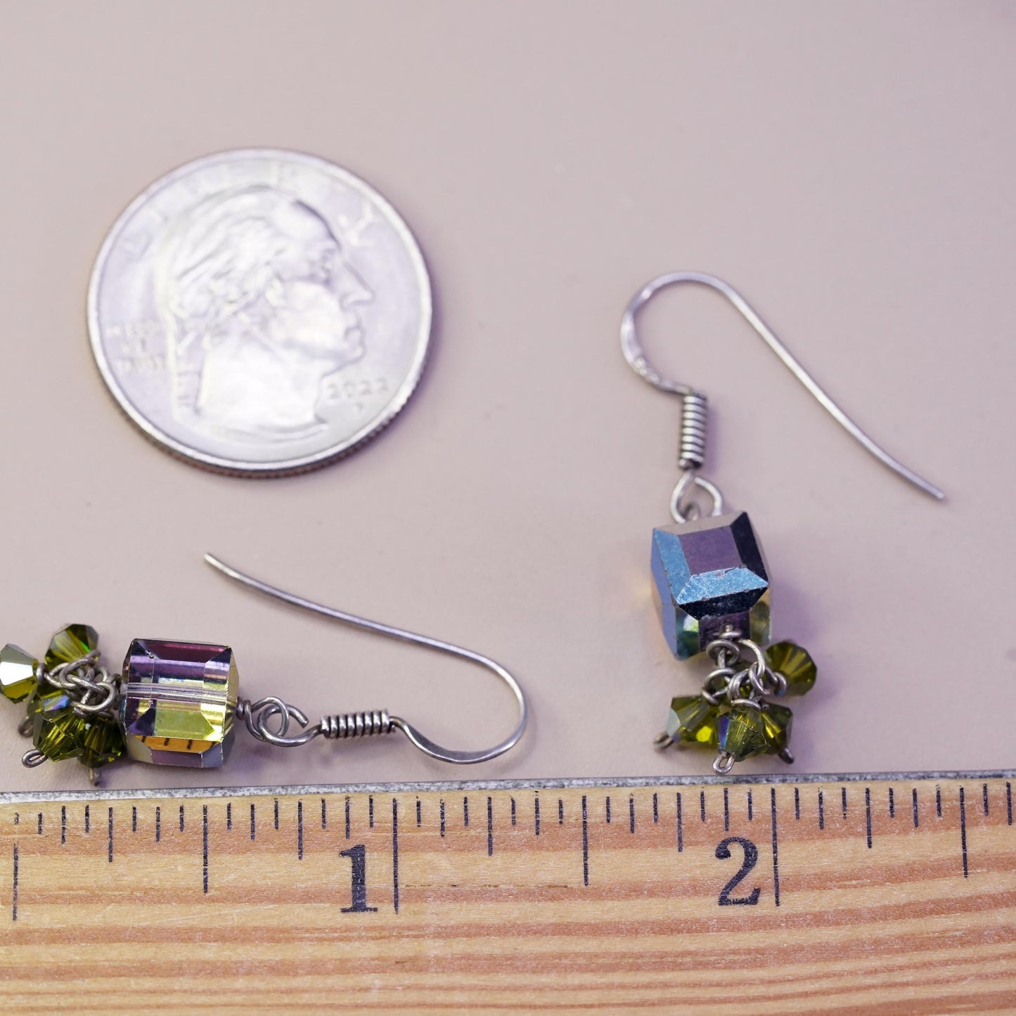 Vintage sterling silver handmade earrings, 925 hooks with crystal cube dangles