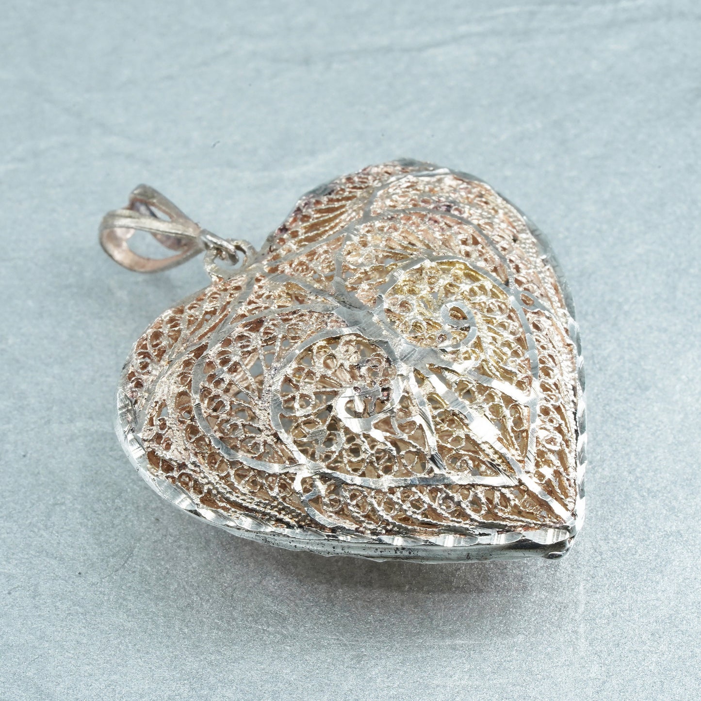 Antique Sterling silver charm, 925 puffy filigree heart pendant