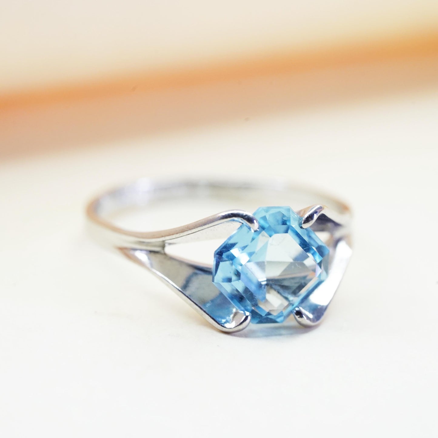 Size 6, vintage signed Sterling silver statement ring, 925 band with blue topaz