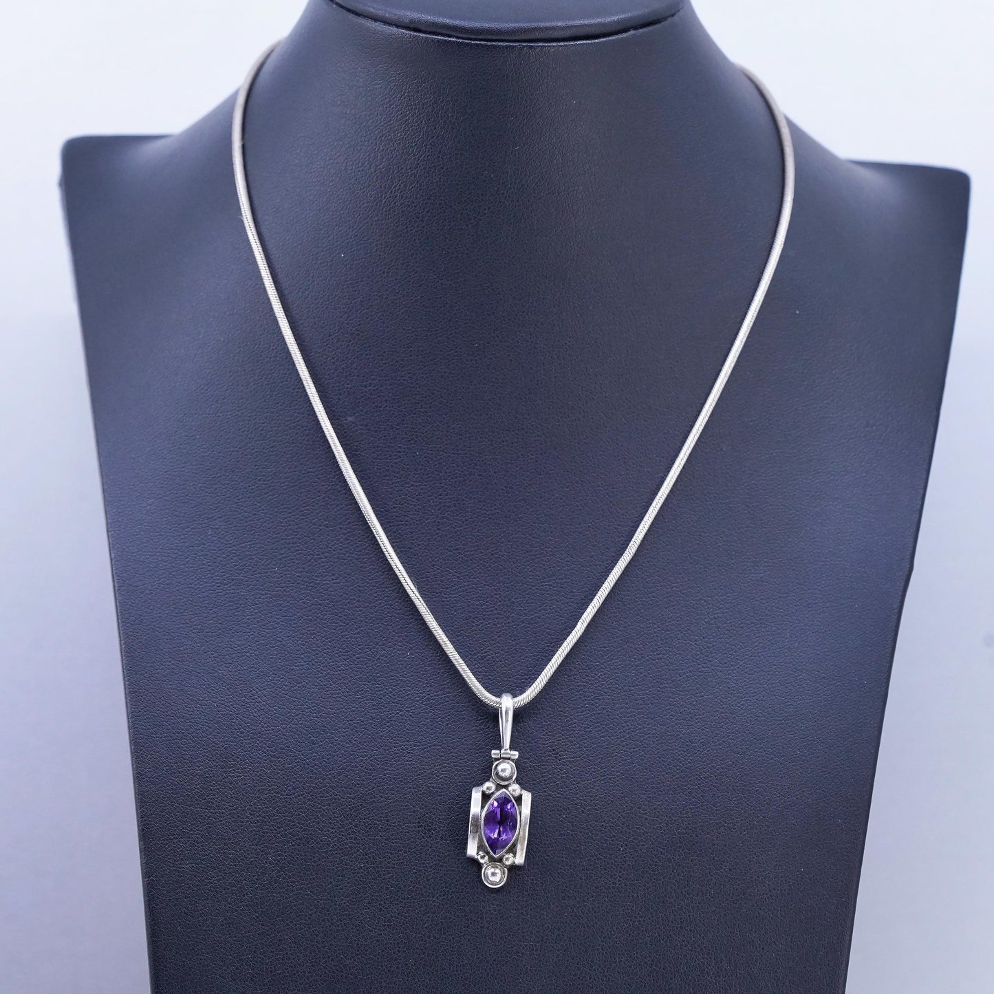 16", vintage Italian Sterling 925 silver snake chain necklace amethyst pendant