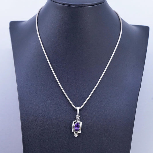 16", vintage Italian Sterling 925 silver snake chain necklace amethyst pendant