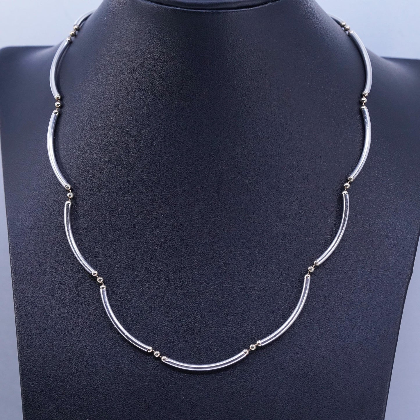 18” 2mm, vintage two tone Sterling 925 silver bar chain necklace with beads