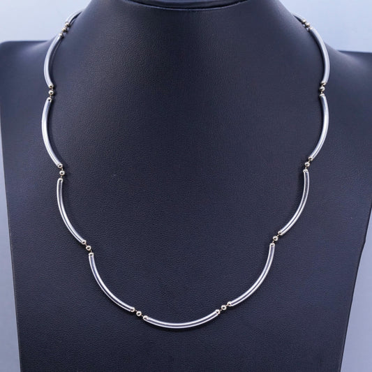 18” 2mm, vintage two tone Sterling 925 silver bar chain necklace with beads