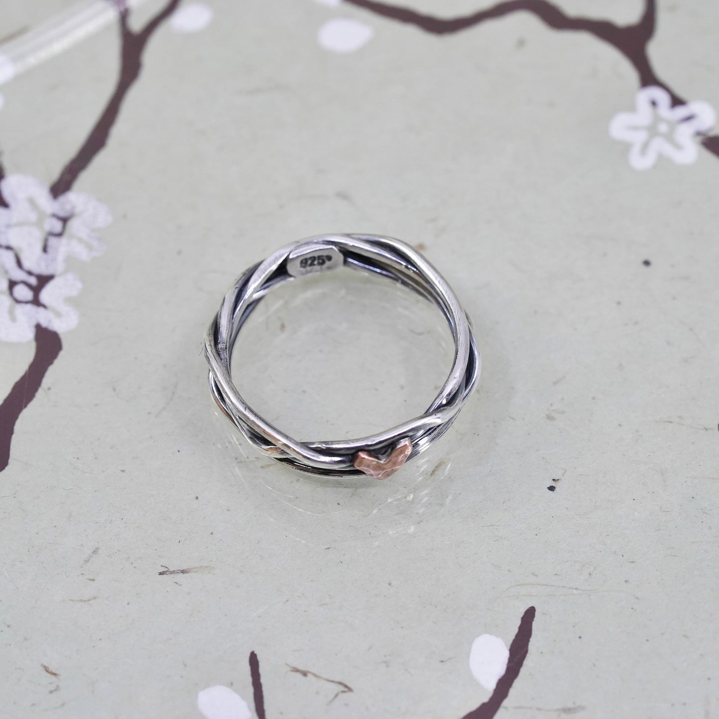 Size 10, two tone sterling silver entwined ring, 925 multiple band copper heart