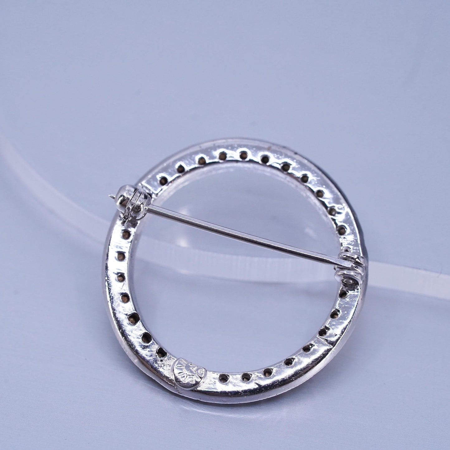 Vintage sterling silver handmade brooch, 925 circle pin with cluster cz