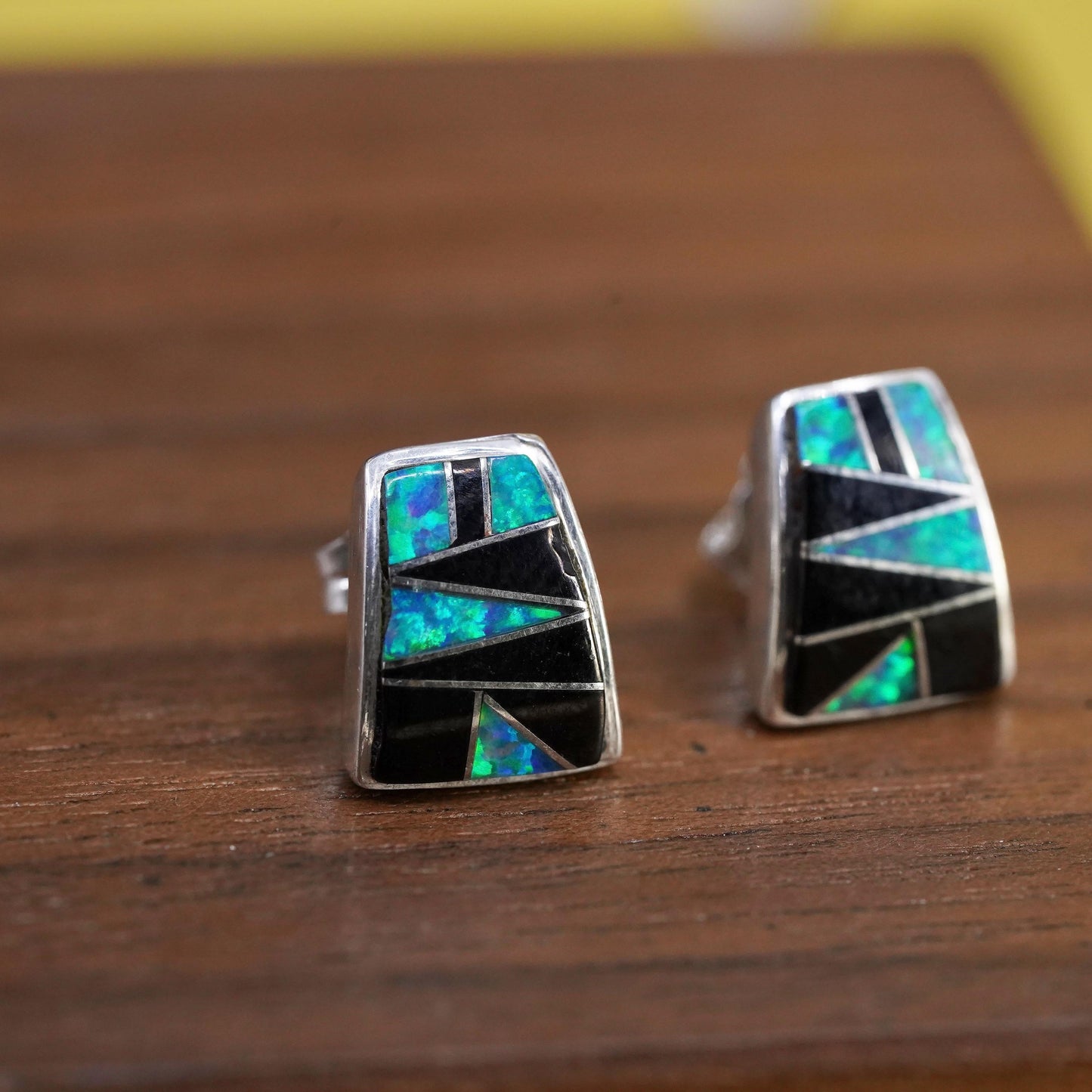 Native American Sterling 925 silver handmade zuni studs earrings onyx opal